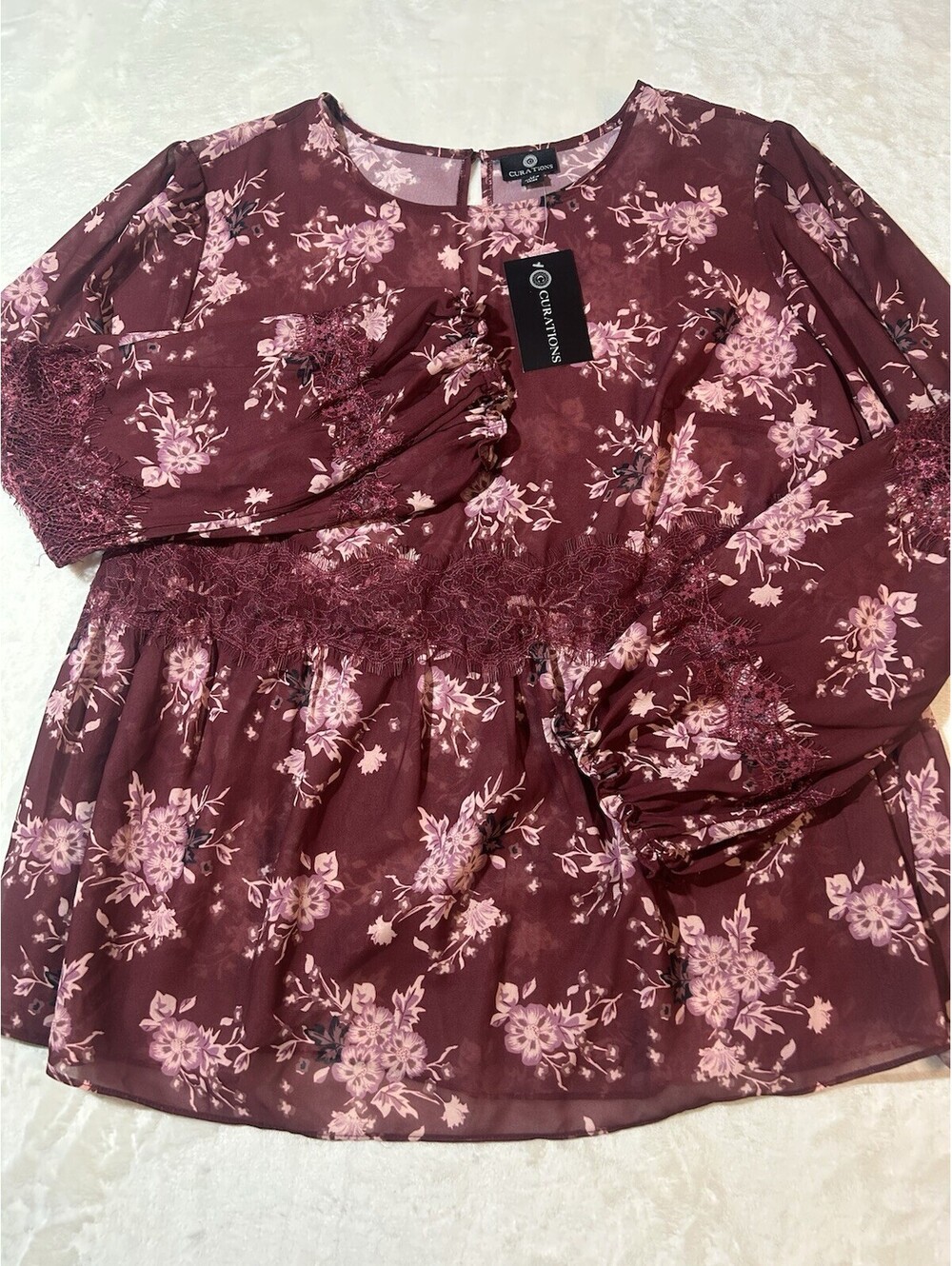 NWT Curations Size 1X Pink Floral Chiffon Long Sleeve Blouse Lace Trim Bohemian
